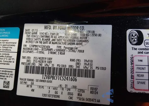 2012 Ford Mustang Gt Premium z USA, uszkodzony, nr VIN 1ZVBP8CF1C5241606